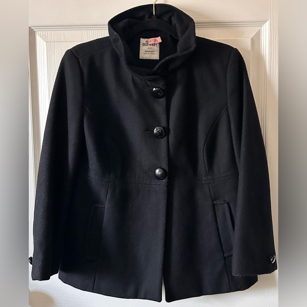 Old Navy 2010 Y2K‎ Black Wool Blend 3 Button Peacoat Jacket Med Back to School